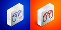 Isometric line Flip flops icon isolated on blue and orange background. Beach slippers sign. Silver square button. Vector Royalty Free Stock Photo