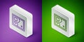 Isometric line Folded map icon isolated on purple and green background. Silver square button. Vector
