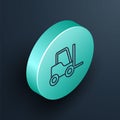 Isometric line Forklift truck icon isolated on black background. Fork loader and cardboard box. Cargo delivery, shipping