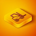 Isometric line Forklift truck icon isolated on orange background. Fork loader and cardboard box. Cargo delivery
