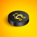 Isometric line Frog legs icon isolated on yellow background. Black circle button. Vector