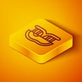 Isometric line Genetically modified meat icon isolated on orange background. Syringe being injected to meat. Yellow