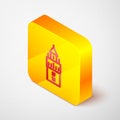 Isometric line Giralda in Seville Spain icon isolated on grey background. Yellow square button. Vector