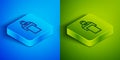 Isometric line Gives lecture icon isolated on blue and green background. Stand near podium. Speak into microphone. The