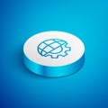 Isometric line Globe of the Earth and gear or cog icon isolated on blue background. Setting parameters. Global Options Royalty Free Stock Photo
