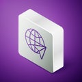 Isometric line Globe with flying plane icon isolated on purple background. Airplane fly around the planet earth Royalty Free Stock Photo