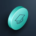 Isometric line Graduation cap icon isolated on black background. Graduation hat with tassel icon. Turquoise circle button. Vector Royalty Free Stock Photo