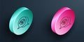 Isometric line Grandfather icon isolated on black background. Turquoise and pink circle button. Vector