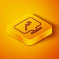 Isometric line Graph, schedule, chart, diagram, infographic, pie graph icon isolated on orange background. Yellow square Royalty Free Stock Photo