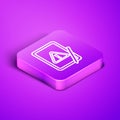 Isometric line Graphic tablet with exclamation mark icon isolated on purple background. Alert message smartphone Royalty Free Stock Photo