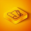 Isometric line Graphing paper for engineering and pencil icon isolated on orange background. Yellow square button