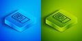 Isometric line Greek history book icon isolated on blue and green background. Square button. Vector