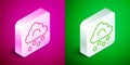 Isometric line Hail cloud icon isolated on pink and green background. Silver square button. Vector