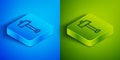 Isometric line Hammer icon isolated on blue and green background. Tool for repair. Square button. Vector Illustration