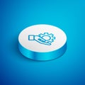 Isometric line Hand settings gear icon isolated on blue background. Adjusting, service, maintenance, repair, fixing Royalty Free Stock Photo