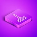 Isometric line Handle broom icon isolated on purple background. Cleaning service concept. Purple square button. Vector