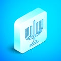 Isometric line Hanukkah menorah icon isolated on blue background. Hanukkah traditional symbol. Holiday religion, jewish Royalty Free Stock Photo
