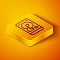 Isometric line Hard disk drive HDD icon isolated on orange background. Yellow square button. Vector Royalty Free Stock Photo