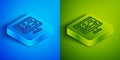Isometric line Hardware diagnostics condition of car icon isolated on blue and green background. Car service and repair