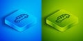 Isometric line Hatchback car icon isolated on blue and green background. Square button. Vector