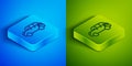 Isometric line Hatchback car icon isolated on blue and green background. Square button. Vector