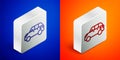 Isometric line Hatchback car icon isolated on blue and orange background. Silver square button. Vector