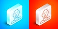 Isometric line Head of deaf and dumb guy icon isolated on blue and red background. Dumbness sign. Disability concept