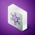 Isometric line Hexagram sheriff icon isolated on purple background. Police badge icon. Silver square button. Vector