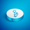 Isometric line Hooligan shooting small stones icon isolated on blue background. Demonstrator. White circle button