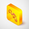 Isometric line Hooligan shooting small stones icon isolated on grey background. Demonstrator. Yellow square button