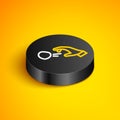 Isometric line Hooligan shooting small stones icon isolated on yellow background. Demonstrator. Black circle button