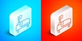 Isometric line Hospital bed icon isolated on blue and red background. Silver square button. Vector