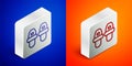 Isometric line Hotel slippers icon isolated on blue and orange background. Flip flops sign. Silver square button. Vector Royalty Free Stock Photo