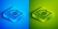 Isometric line House with eye scan icon isolated on blue and green background. Scanning eye. Security check symbol Royalty Free Stock Photo