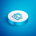 Isometric line House icon isolated on blue background. Home symbol. White circle button. Vector Royalty Free Stock Photo