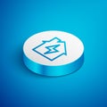 Isometric line House and lightning icon isolated on blue background. Home energy. White circle button. Vector Royalty Free Stock Photo