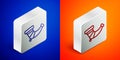 Isometric line Hunting horn icon isolated on blue and orange background. Silver square button. Vector