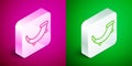 Isometric line Hunting horn icon isolated on pink and green background. Silver square button. Vector