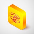 Isometric line Hypnosis icon isolated on grey background. Human eye with spiral hypnotic iris. Yellow square button