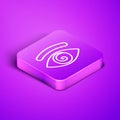 Isometric line Hypnosis icon isolated on purple background. Human eye with spiral hypnotic iris. Purple square button