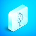 Isometric line Ice cream icon isolated on blue background. Sweet symbol. Silver square button. Vector Royalty Free Stock Photo