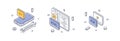 Isometric line icons showing web development elements including coding, HTML, and PHP tools