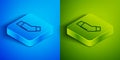 Isometric line Inhaler icon isolated on blue and green background. Breather for cough relief, inhalation, allergic