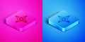 Isometric line Japanese ninja shuriken icon isolated on pink and blue background. Square button. Vector