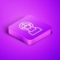 Isometric line Jesus Christ icon isolated on purple background. Purple square button. Vector Illustration