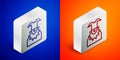 Isometric line Joker head icon isolated on blue and orange background. Jester sign. Silver square button. Vector