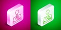 Isometric line Joystick for arcade machine icon isolated on pink and green background. Joystick gamepad. Silver square