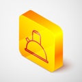 Isometric line Kettle with handle icon isolated on grey background. Teapot icon. Yellow square button. Vector