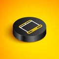 Isometric line Laptop icon isolated on yellow background. Computer notebook with empty screen sign. Black circle button Royalty Free Stock Photo