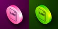 Isometric line Law book icon isolated on purple and green background. Legal judge book. Judgment concept. Circle button